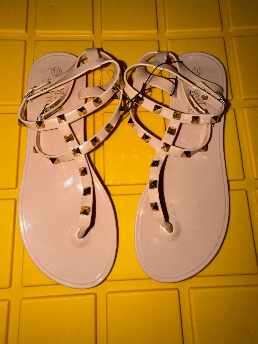 Pale Pink Studded T-Strap Women's Sandals
